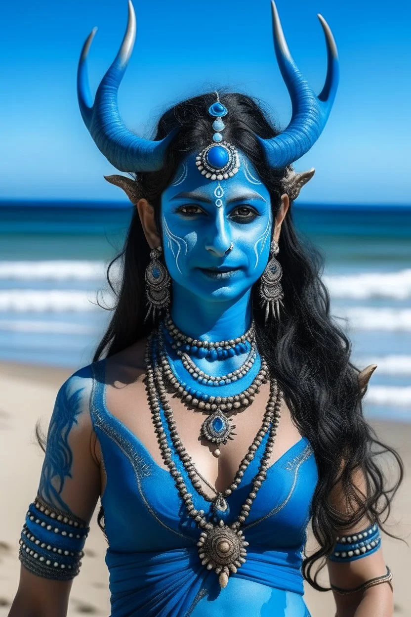 A photo of a blue skin Hindu goddess with painted blue skin, wavy black hair deer antlers standing on a sunny beach