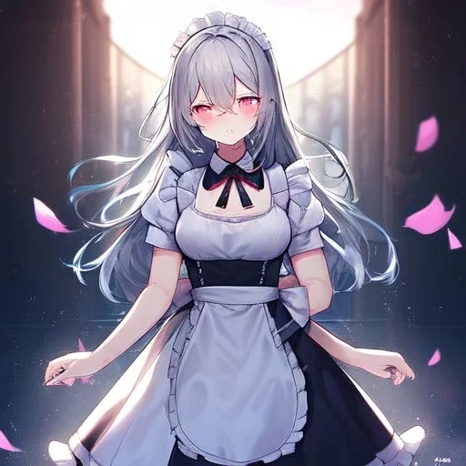 Clear focus,High resolution, grey long fluffy hair, long fluffy bangs, pink eyes, wearing a maid outfit, front hair cover eyes, wearing a short skirt, crying