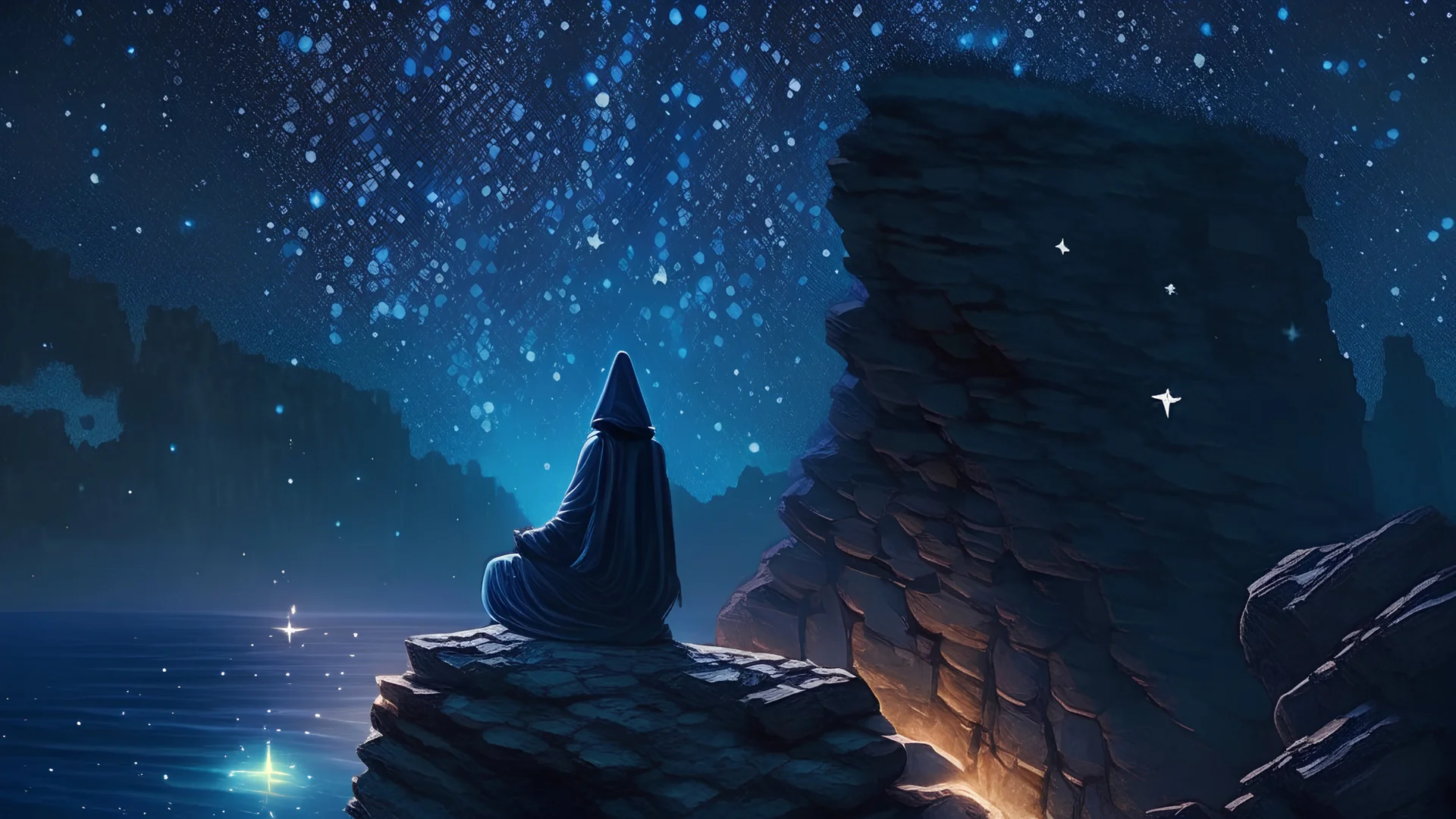 Minecraft Character, minecraft theme, purple starry sky, meditating, facing back, wearing gown, minecraft style, in between two cliffs,