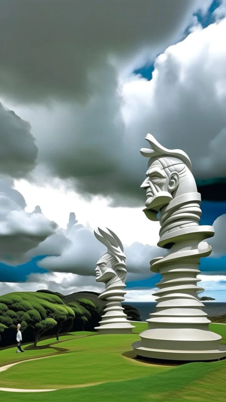 A white cloudy sky with tornadoes designed in Hawaiian tiki statues painted by Raymond Duchamp-Villon