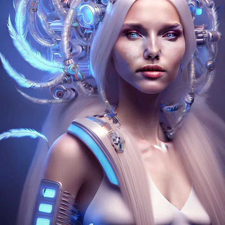 A beautiful portrait of a cute smiling cyberpunk woman, long blond platinum hair, high key lighting, volumetric light high details with blue and white stripes and feathers and white celtic paterns, beam starry background