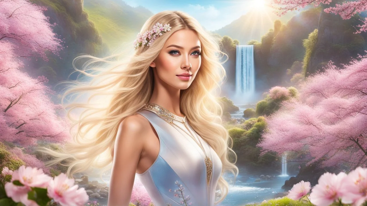 Photo realistic portrait of a gorgeous smiling skinny euro-asian goddess with a golden dark shining skin, long smooth blonde hair, blue eyes, in a sci-fi outfit with luminous strikes blowing a kiss in a hill of flowers with sakura trees, a waterfall, a crystal palace, loads of mini flowers, moss, sun rays through the branches, particles in the air at spring. Intricated details,