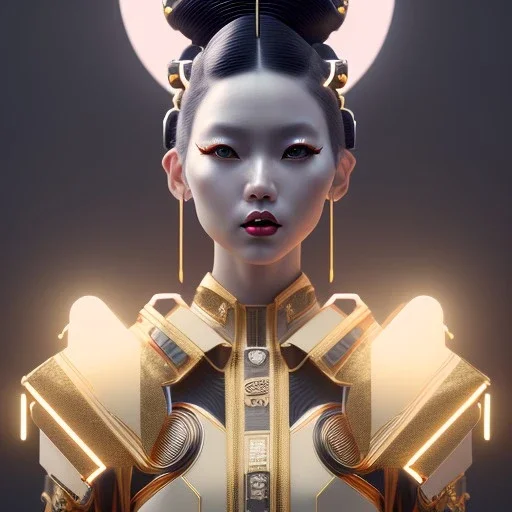 Cyber geisha, Woman, black hair, white skin, velvet dress, gold pattern dress, cyberpunk style, purpurin, highly detailed, art stations, concept art, smooth, unreal engine 5, god rays, ray tracing, RTX, lumen lighting, ultra detail, volumetric lighting, 3d, finely drawn, high definition, high resolution, gradient background