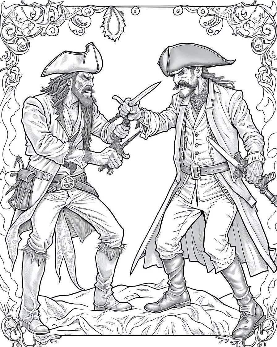 Pirates of the Caribbean: Dueling Pirates Coloring Challenge: Create an action-packed coloring page inspired by the Pirates of the Caribbean movie, featuring a dramatic scene with two pirates engaged in a thrilling sword duel. Capture the intensity of the battle with dynamic poses and expressions, providing ample space for young artists to color the characters and their surroundings in black and white. This coloring challenge invites kids to infuse their creativity into the high-stakes world of