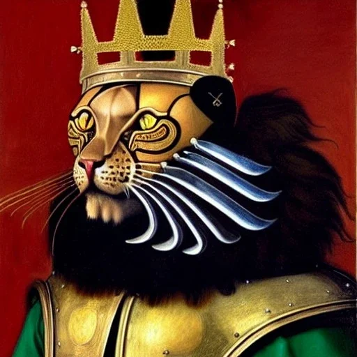 oil painting of a beautiful symmetrical cat with armor,wearing crown, Riding a black Lion, XV century, by El Bosco, Leonardo da Vinci, Goya 8k