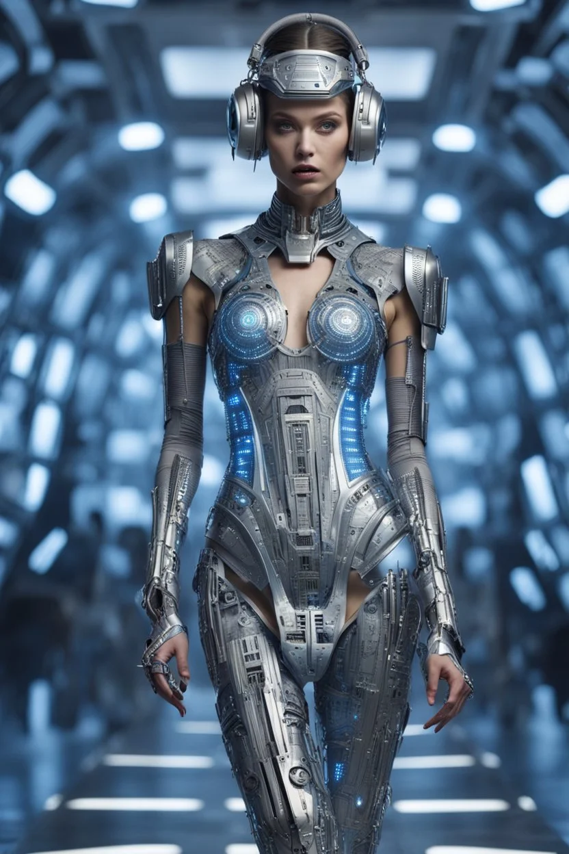 A biomechanical futuristic full body fashion model in a metal silver/blue armored dress, adorned with clear printed hieroglyphic symbols, microchip designe, futuristic headset, Fashion show background, energy, molecular, mecha, future fashion