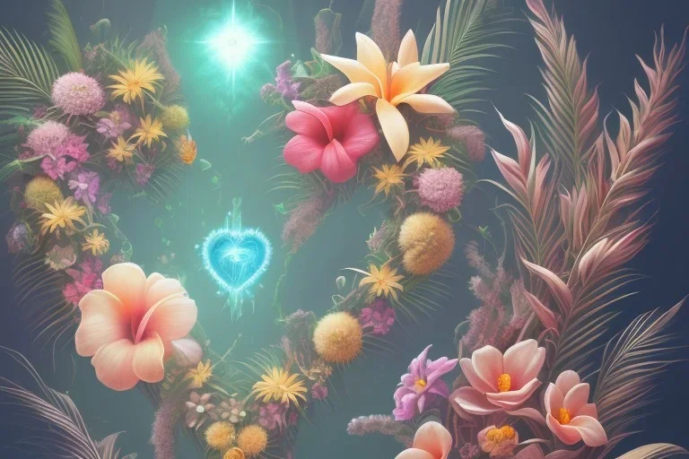 Tropical flowers, realistic heart drawing, crystals, tropical leaves, sacred altar, Fantasy home, cute animal.