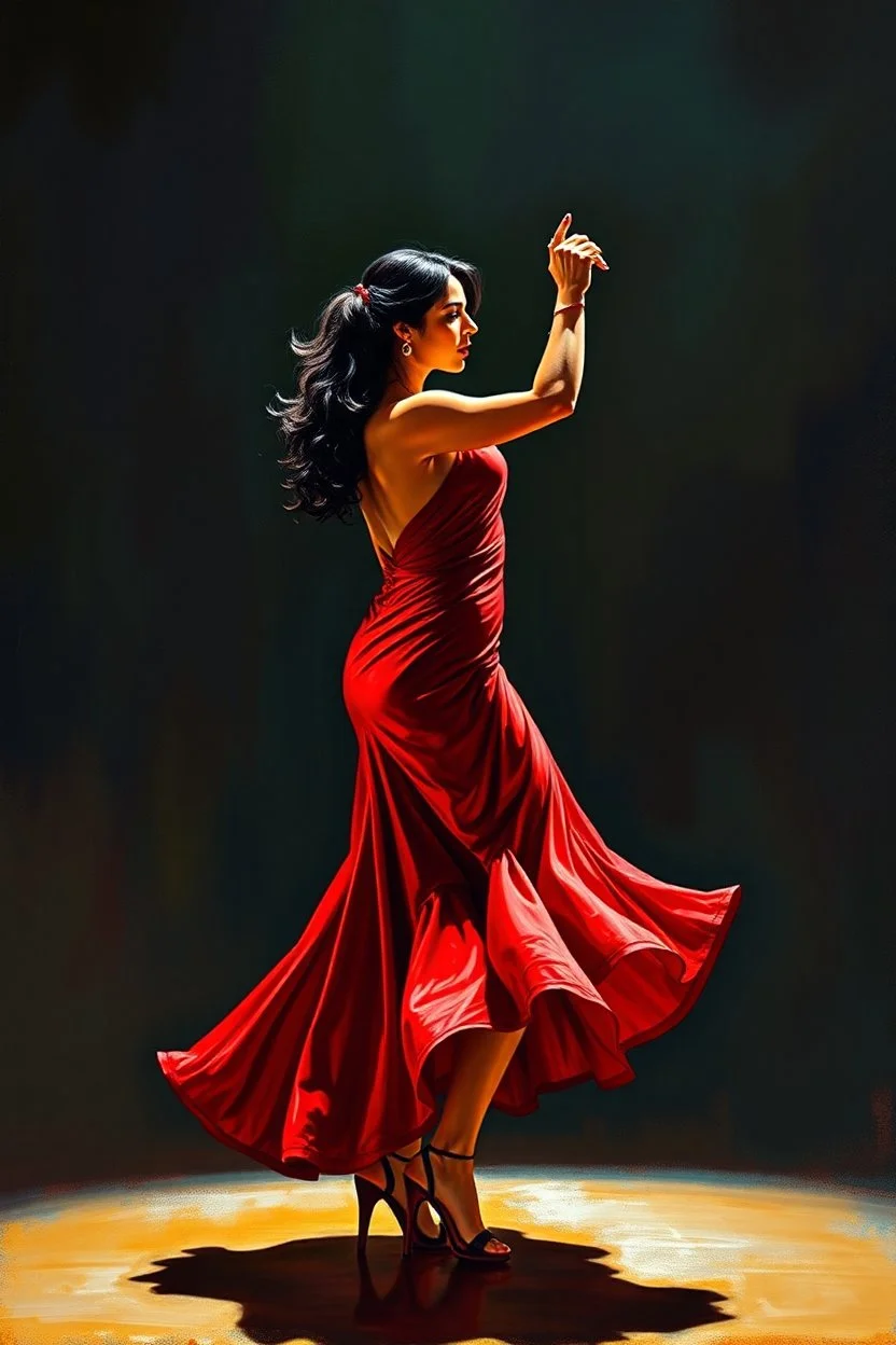 a full body Latino woman dancing salsa in red dress, dark shadow in background, acrylic and oils, glossy finish high contrast, detailed, vibrant colors, cinematic, masterpeace