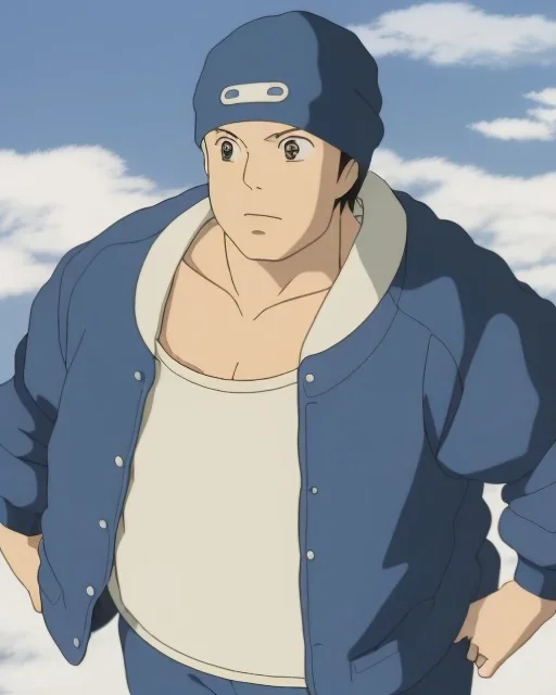 A short guy with a round head and big muscles wearing a net undershirt, a jacket, and a beanie that does not cover the ears. He has a small chain around his neck, baggy pants, and white wooden shoes.