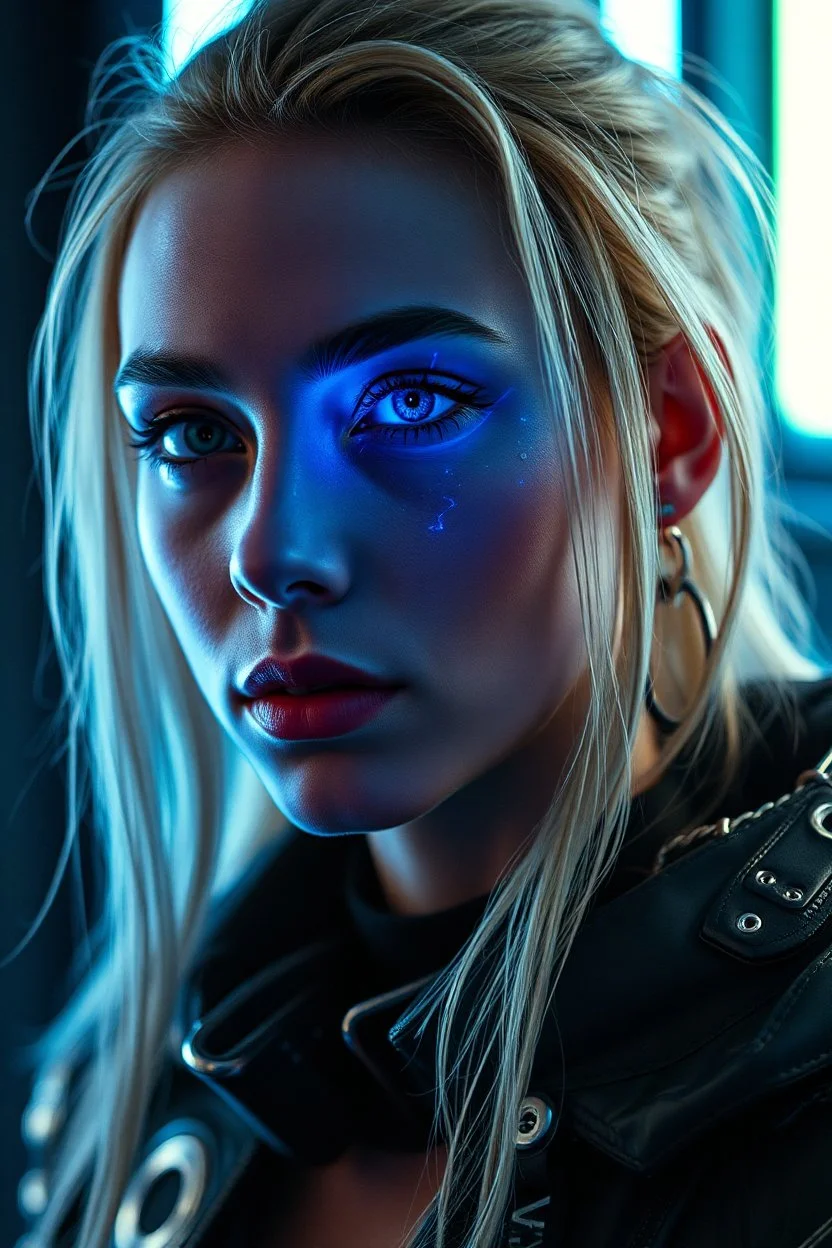 A cyberpunk portrait with a blue light reflecting in their cybernetic enhancements.