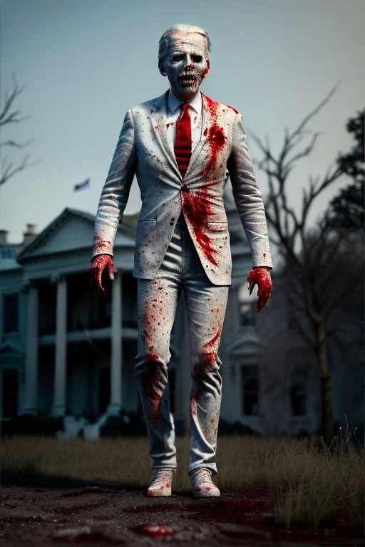 Ultra realistic image, joe biden zombie, zombie performance, soft skull, grey eyes, blood, torn arm, night, walking twisted, waist up view, thriller style, dark ambient, highly detailed, White House background, concept art, unreal engine 5, god rays, ray tracing, RTX, lumen lighting, ultra detail, volumetric lighting, 3d, finely drawn, high definition, high resolution.