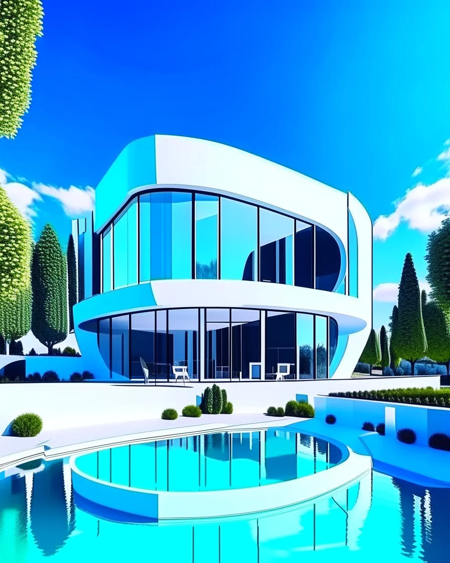 Photography of a futuristic house, in a residential area with trees. The house has organic shapes and a futuristic white design. There are bodies of water such as ponds or rivers that intersect with the urban environment. The atmosphere is summery, clear blue sky. Ultra quality, hyper detailed, 8k