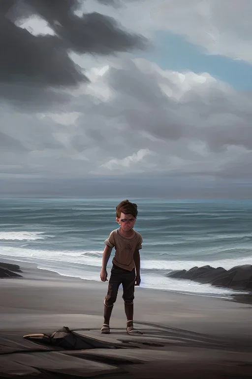 desaturated oil painting of boy on beach, old clothes, dark storm clouds overhead, gloomy, bleak, little fires