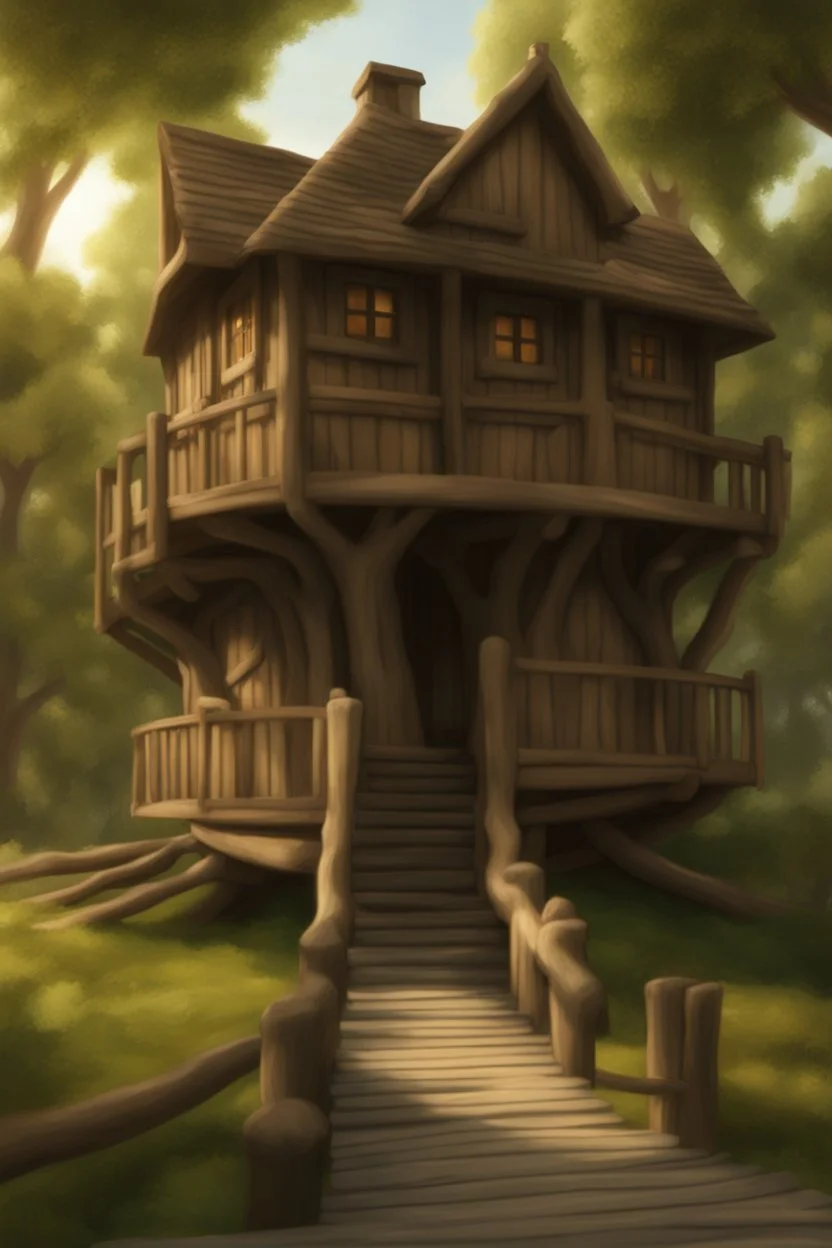 large medieval wooden treehouse, with a balcony, and a cobbled road going through the middle, in a wood, photo-realistic