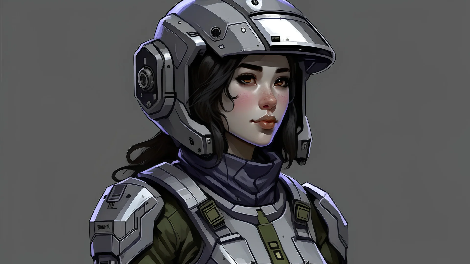 Illustration, girl in warfare modern armor,helmet, modern style,grey background,full face