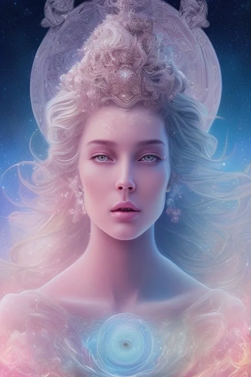 Create an image of a cosmic Goddess. The goddess should be depicted as a beautiful and powerful figure, surrounded by cosmic stars. Her hair should be long, blond and flowing, and she should be dressed in a flowing gown blue celestial robe. In the background, include imagery of pink flowers, blue sky,trees. The image should evoke a sense of joy, celebration, and spiritual connection to nature.