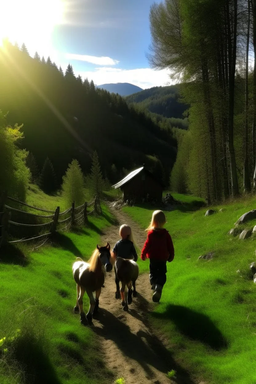 Spring in skåbu, sun, children walking in mountains, horse, broken tractot