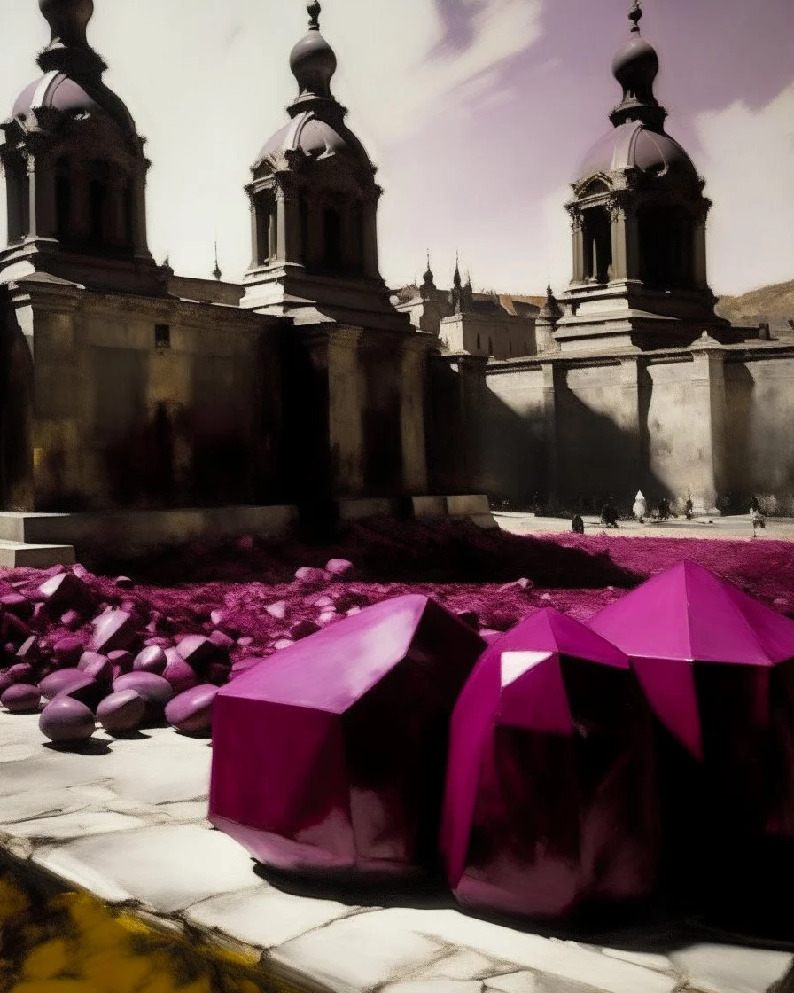 A blackish magenta city made out Ica stones painted by John Singer Sargent