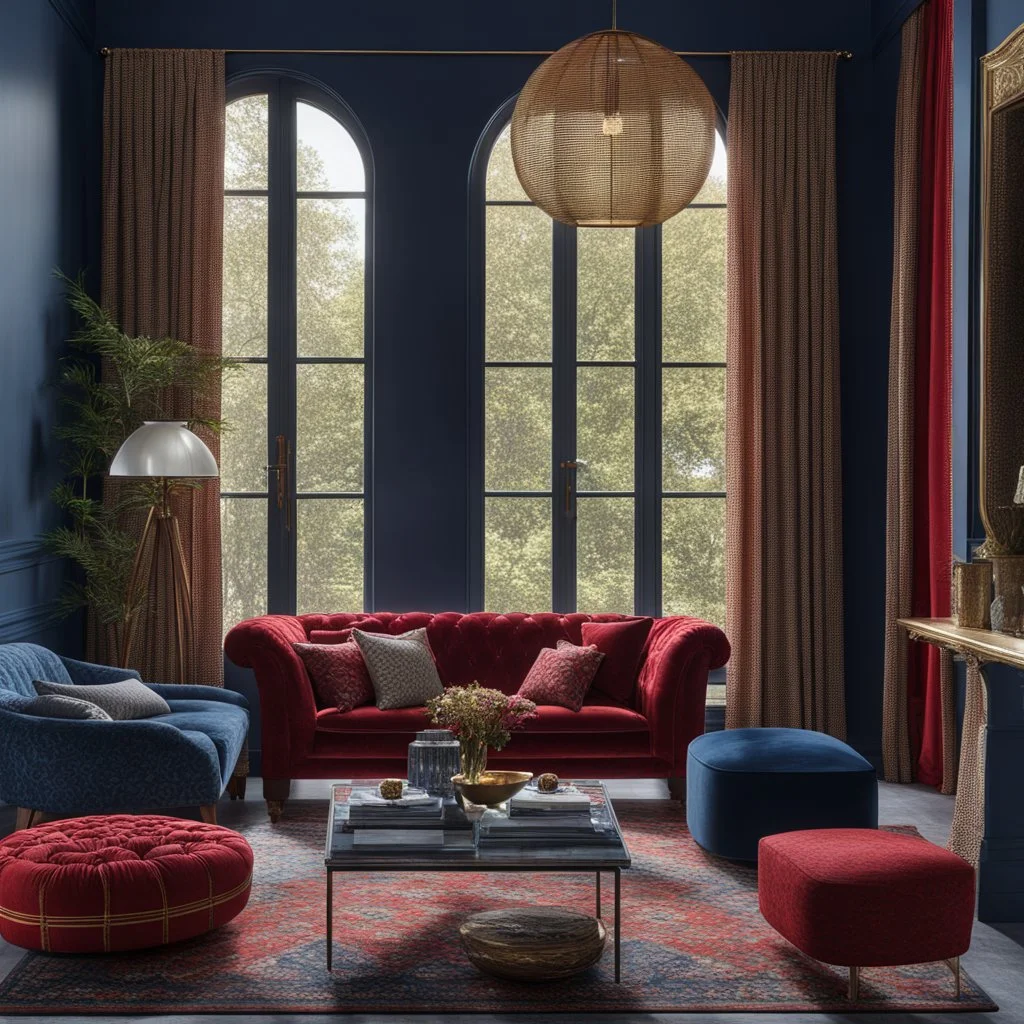 Living room in midnight blue, red and gold. large window with curtains