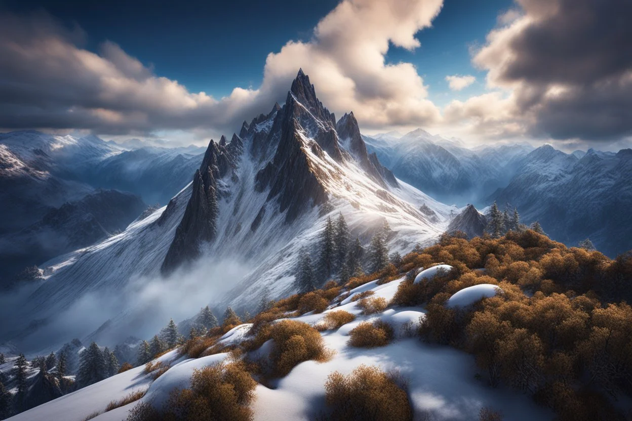 a snow-covered lonely steep massiv mountain reaching into the clouds. On top of the mountain is a long needle thin tower. seen from the bottom of a valley. fantasy concept art, exquisite realism, a masterpiece, dynamic lighting, hyper detailed, intricately detailed, deep color, Unreal Engine, volumetric lighting , Epic cinematic brilliant stunning intricate meticulously detailed dramatic atmospheric maximal,