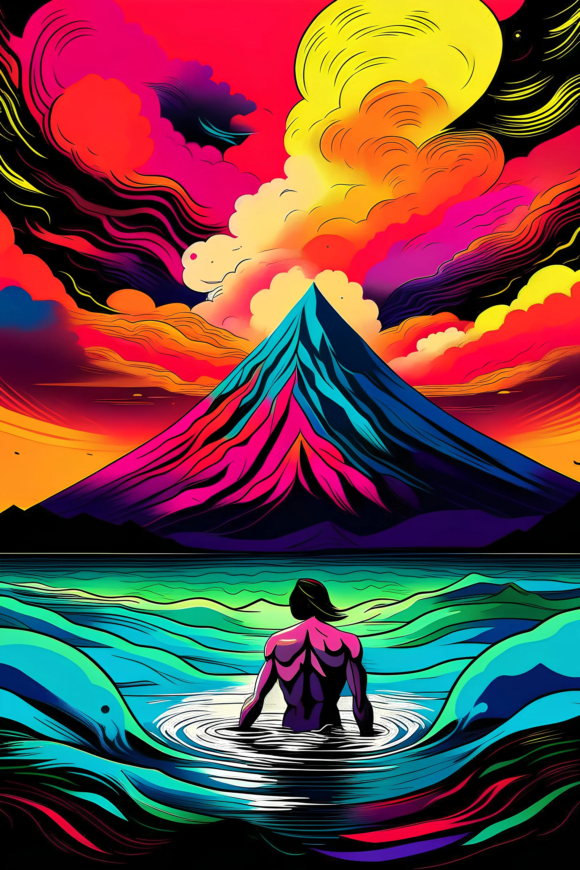 2d shaped ilustration colorful of a man swiming in a lake with a volcano in eruption in the background as album artwork Antonio Sant'Elia style