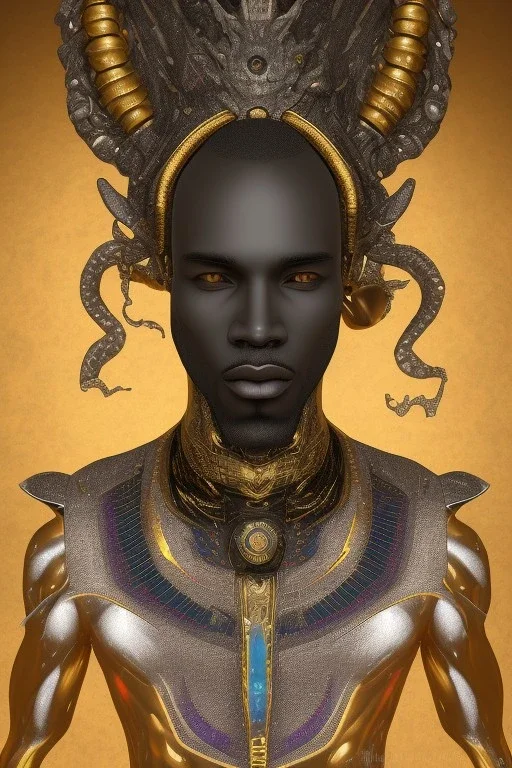 black male African Egyptian alien, cracks in the voodoo head, wicked, diamond eyes, crown, blood, 8k, finely detailed, photo realistic, leopard robe turquoise skull head gold dragon space alien rain skeleton gold teeth silver crown silver space suit spaceships