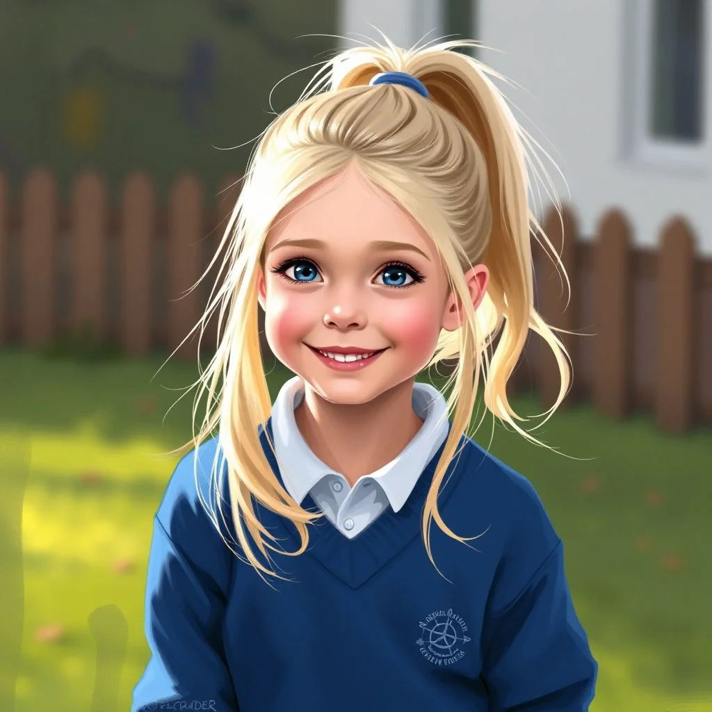 a pretty girl, age 8, blonde hair in a pony tail, playing outside, blue school jumper, digital painting, stylised