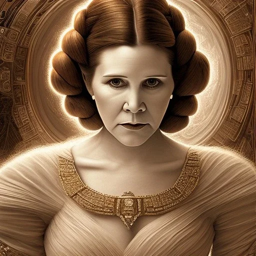 hyperspace background, complete and photo realistic detailed head to waist stunning photo realistic portrait of carrie fisher as Princess Leia in star wars with photo realistic wedding hairstyle by Mandy Jurgens and mucha and Richard Schmid and chuck close and chie yoshii, extraordinary and detailed ceremony dress of star wars,brown eyes