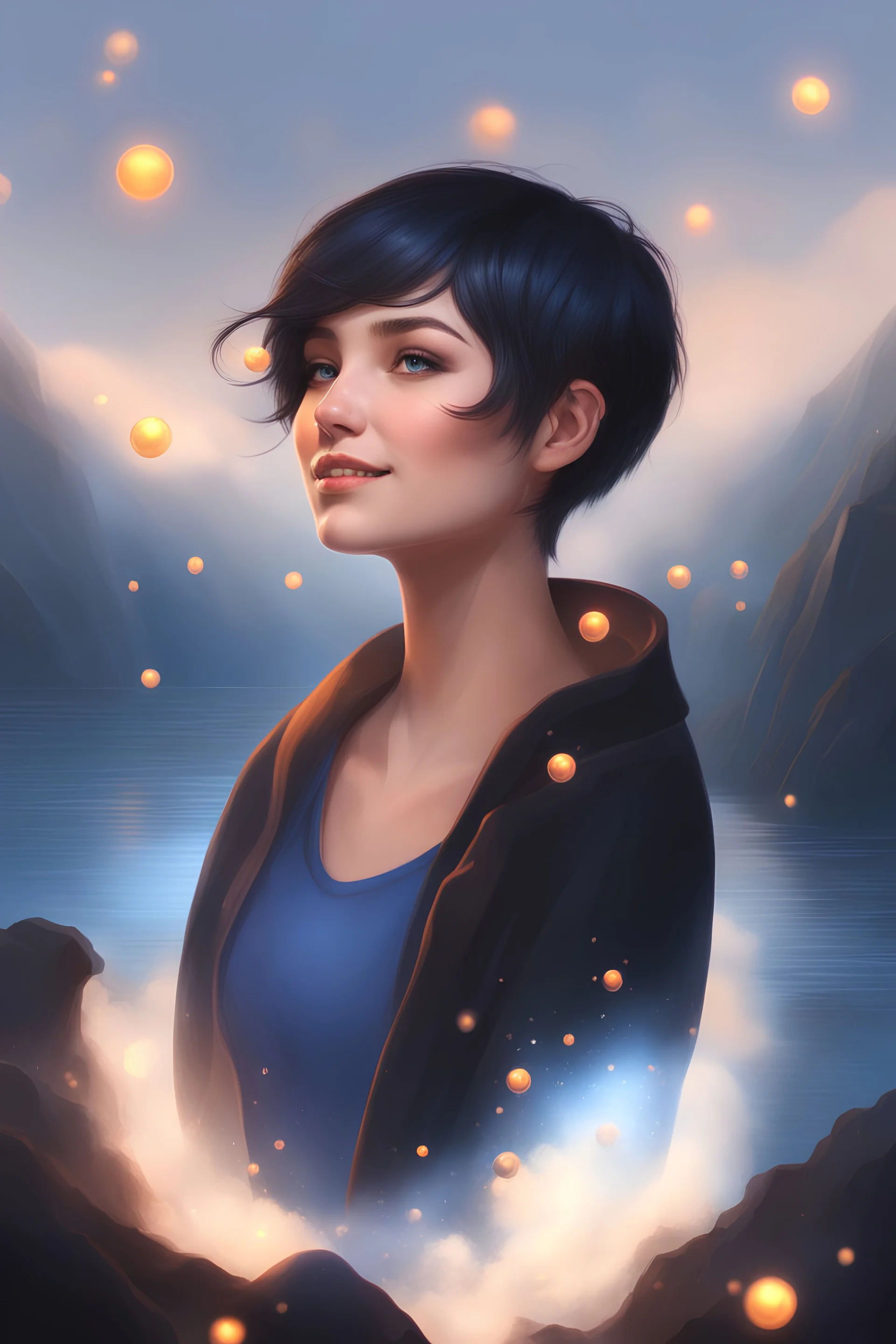 3D Bubbles, Floating hearts with an electrical current, fog, clouds, somber, ghostly mountain peaks, a flowing river of volcanic Lava, fireflies, a close-up, facial portrait of a totally gorgeous woman with short, buzz-cut, pixie-cut Black hair tapered on the sides, wide open, cobalt blue eyes, smiling a big bright happy smile, wearing a hoodie over a red bikini, in the art style of Boris Vallejo