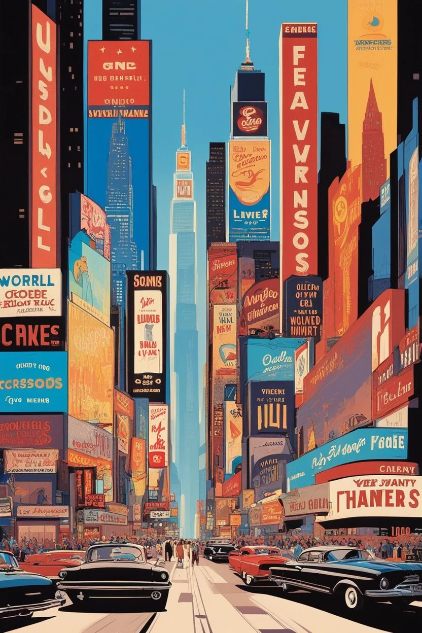 [Affiches vintage by Gary Godel] Famous iconic Movie place in vintage designs. Visit Times Square "The Crossroads of the World," famous for its bright lights, theaters, and bustling energy. Colorful unique Illustration