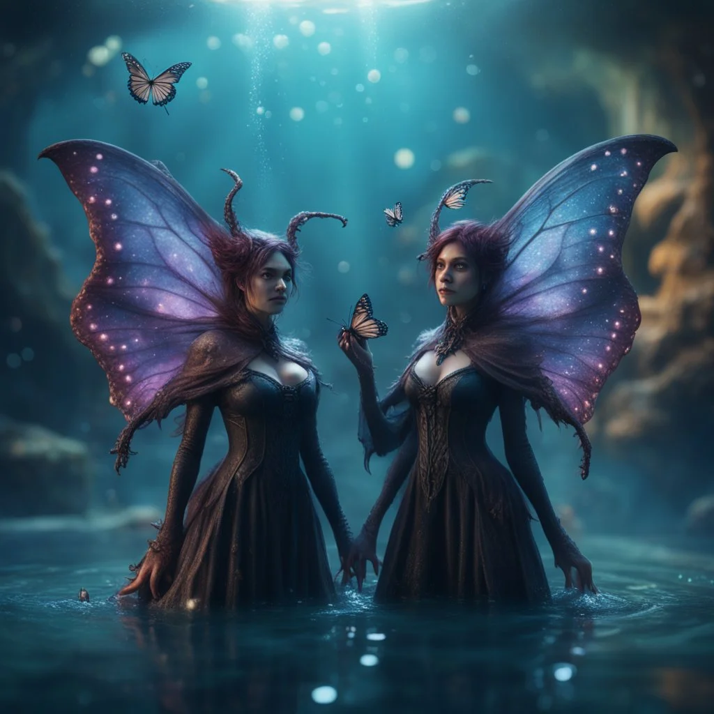 close up portrait of two Mind flayer witches with butterfly wings under water in well lit well vulcanic background,bokeh like f/0.8, tilt-shift lens 8k, high detail, smooth render, down-light, unreal engine,bokeh like f/0.8, tilt-shift lens 8k, high detail, smooth render, down-light, unreal engine