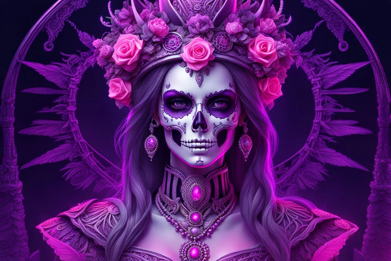 Queen of skeletons in 8k sci-art drawing style, pink skin, purple glowing eyes, the which custom, howdy, neon effect, intricate details, highly detailed, high details, detailed portrait, masterpiece,ultra detailed, ultra quality