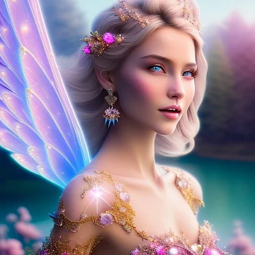 enlighten, light pink colors, the whole body of a beautifull woman with happy smiling blond bright fairy with wings, blue eyes , crystals, blue gold dress, blue sky, flowers landscape all colors trees pink, , water river . 8 K, fantasy