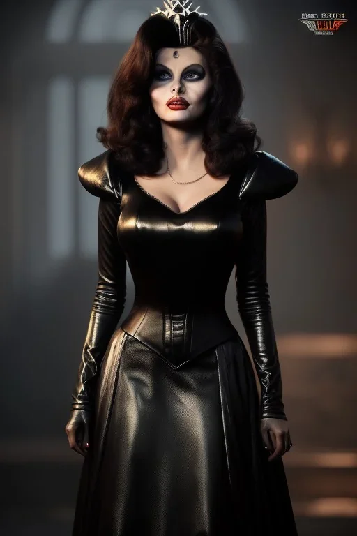 young sophia loren as evil queen in black leather, angry, stern look, volumetric lighting, particales,highly detailed,cinematic, deep colours,8