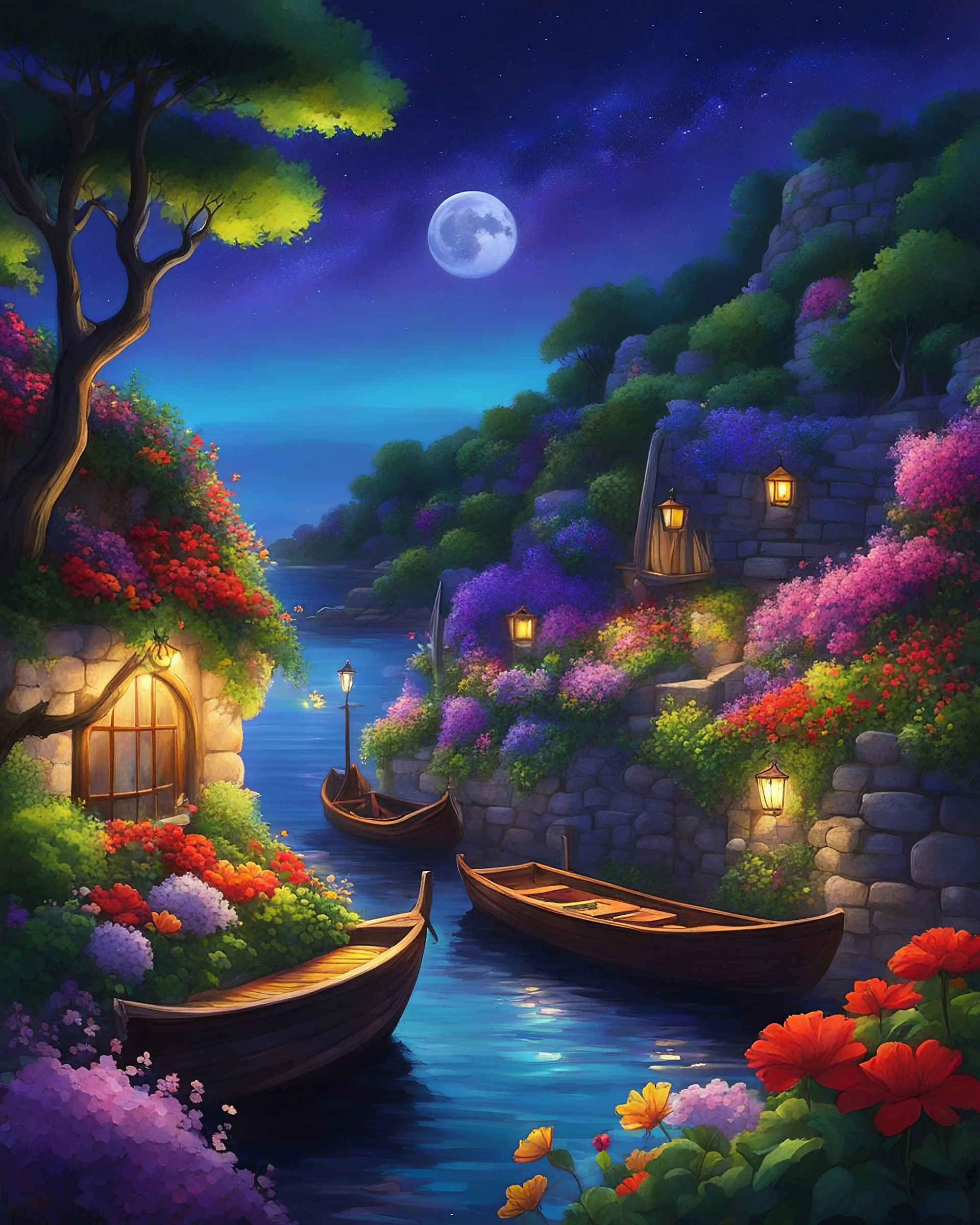 A digital painting of a tranquil, fantasy-like coastal village scene at night, capturing a serene and picturesque atmosphere. The foreground features a stone wall with lush green vines and colorful flowers, including vibrant red, purple, and yellow blossoms. On the left side, a wooden boat with a dark brown hull and white accents is moored along the wall, while on the right, a larger sailing ship with tall masts and brown sails is seen sailing away from the village. The midground showcases a cal