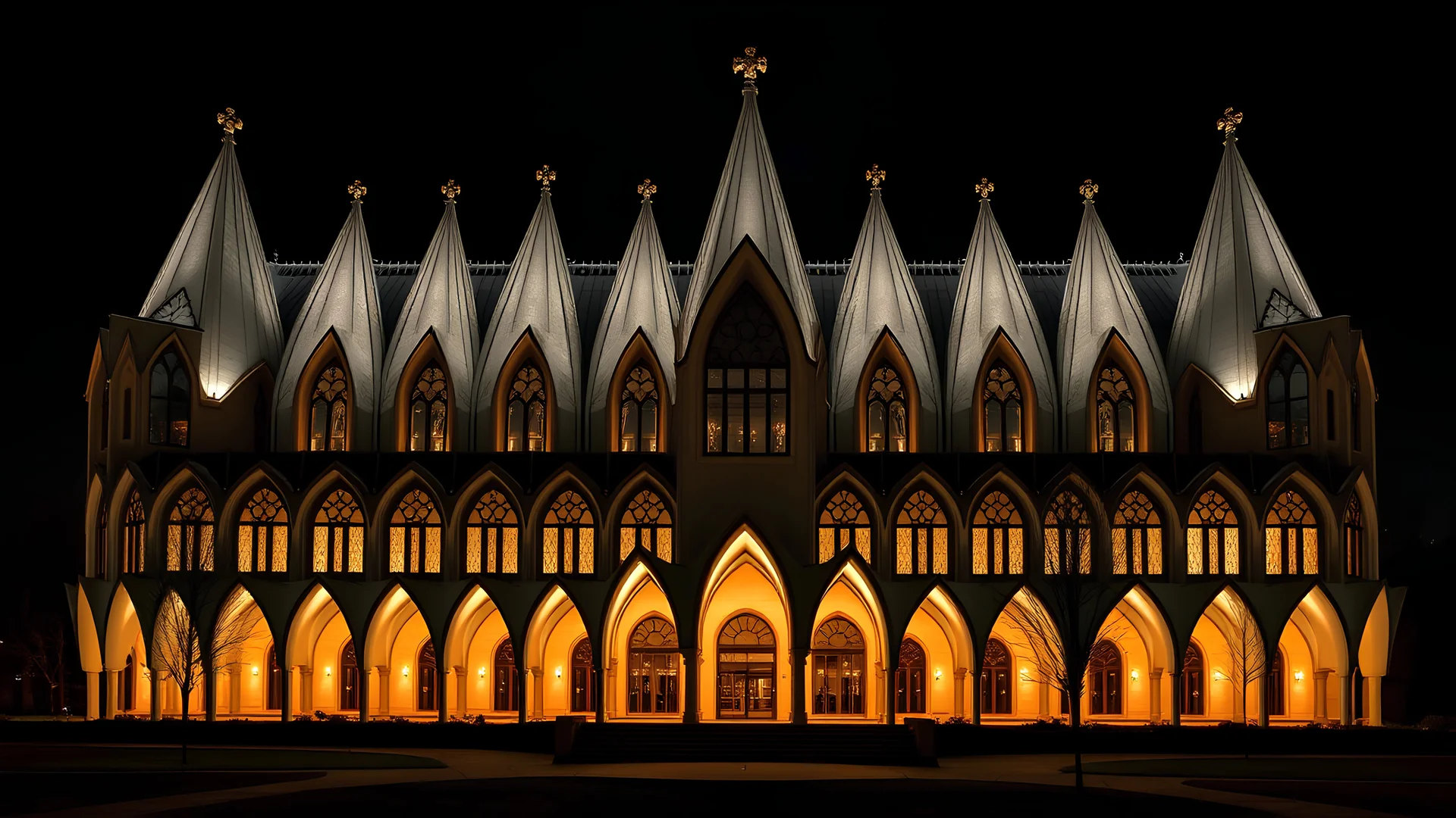 2025, delightful, sensitive, confident, undulating sinusoidal cathedral with pointed hyperbolic roofs, delicate, night, darkness, symmetrical, exquisite architecture, innovative design, perfect symmetry, award-winning photograph, beautiful composition, filled with beautiful detail, delicate colour, chiaroscuro