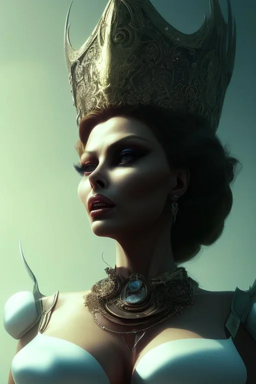 Sophia Loren as evil queen in black leather, cleavage, angry, stern look. character design by cory loftis, fenghua zhong, ryohei hase, ismail inceoglu and ruan jia. unreal engine 5, artistic lighting, highly detailed, photorealistic, fantasy