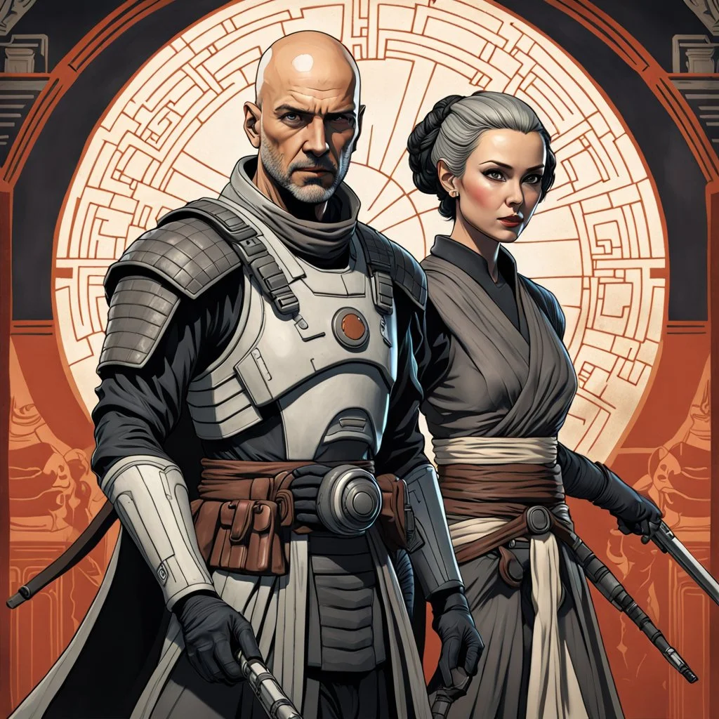 a bold and heroic bald male Corellian pilot in black and grey First Order special forces gear meets a female Jedi Master in ancient, mystical temple, hyperdetailed, dynamic lighting, hyperdetailed background, 8k resolution, volumetric lighting, light skin, fully symmetric details