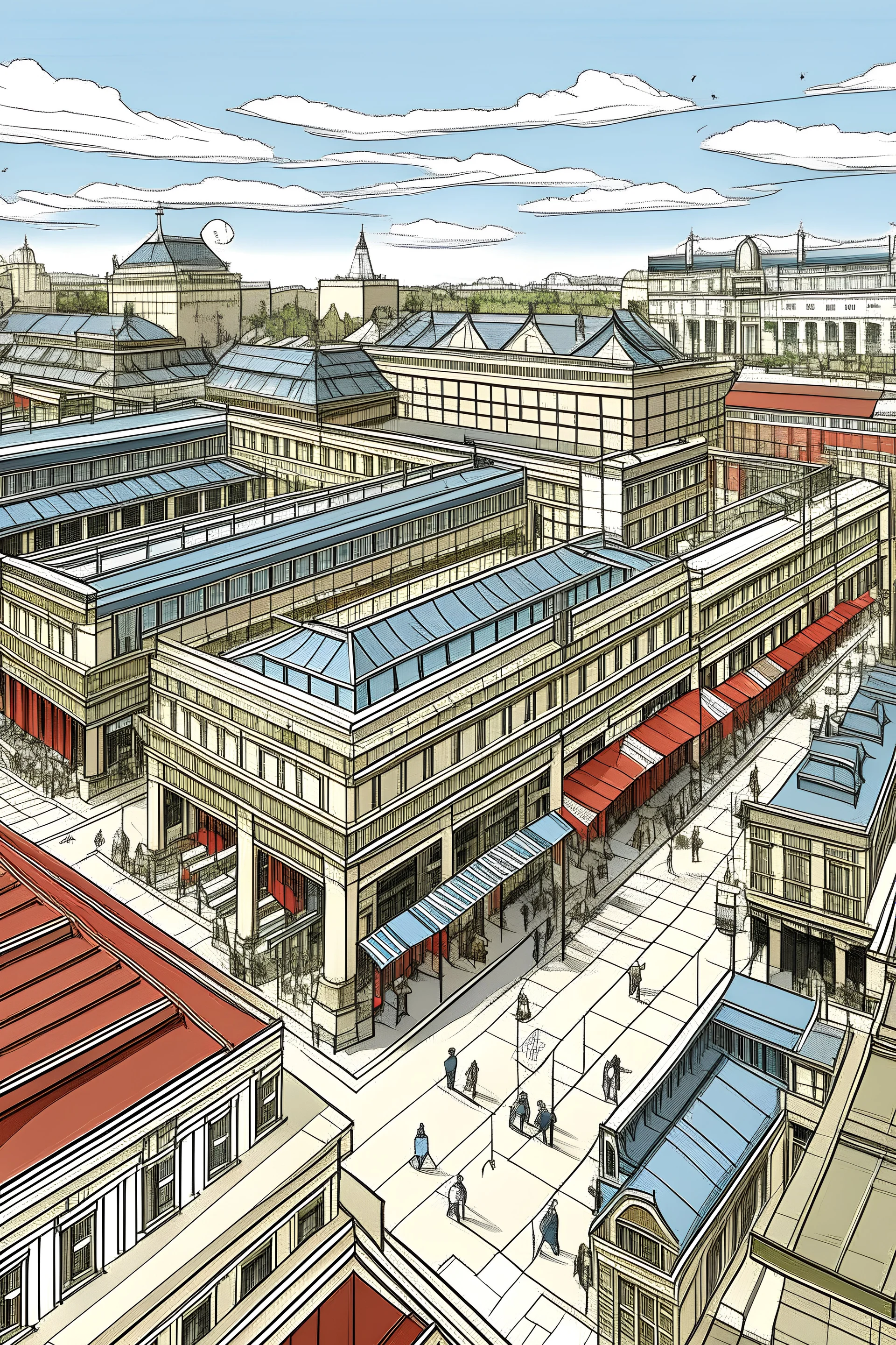 Draw for me a longitudinal market for shopping in the Canadian city of Ottawa, with a roof at the top, containing restaurants, clothing stores, and entertainment places.