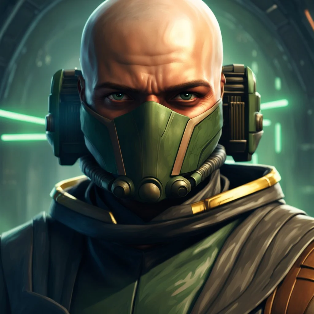 star wars bald male corellian jedi pilot wearing black and olive drab old republic armored flightsuit with gold trim inside the jedi temple holding a lightsaber with viridian green blade in left hand, centered head and shoulders portrait, hyperdetailed, dynamic lighting, hyperdetailed background, 8k resolution, volumetric lighting, light skin, fully symmetric details