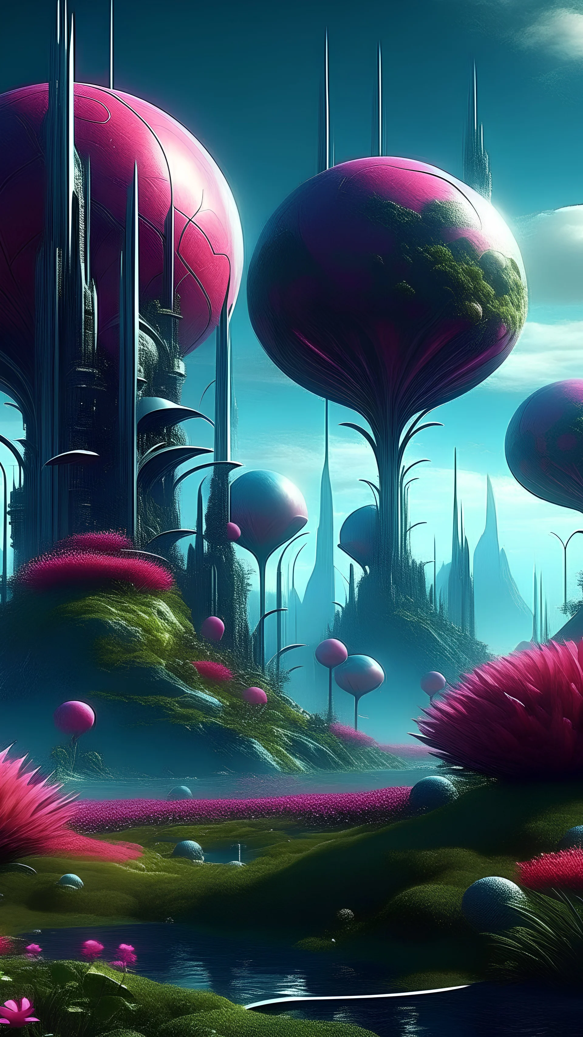 sci fi planet, flower city, strange alien plants, beautiful