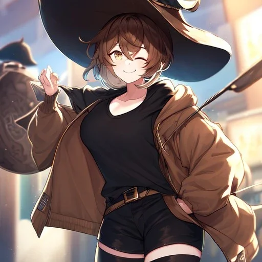 Clear focus, High resolution, short brown spiky hair, hair between eyes, eyes closed, wearing a brown detective hat, wearing a brown jacket and a black shirt, wearing black shorts, 1girl, pulling hat down, smiling, wearing a oversized hoodie