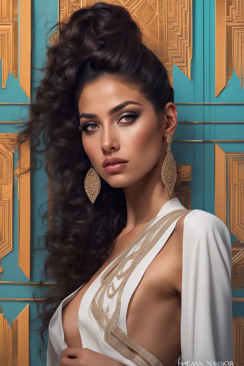 top heavy,this girl is 21 year old girl name Tania Nassar FROM EGYPT inspired by HERMÈS and Jean Paul Gaultier, ((perfect face)), his skin is soft to the touch and gorgeous to look at,sophisticated composition,Natural Beauty, intricate, elegant, colorful, wlop, artgerm, 8k, epic, sharp focus, hyper-realism painting, concept art, matte painting, 8 k resolution, digital art, filigree, rim lighting,