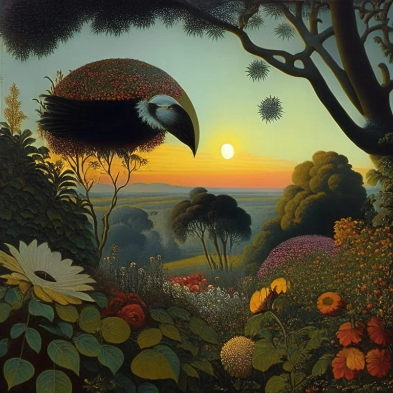 High definition photography of a marvelous landscape, birdman, trees, flowers, giant sun, intricate, Audubon, atmosphere of a Max Ernst painting, Henri Rousseau, thoughtful, interesting, a bit appalling, smooth