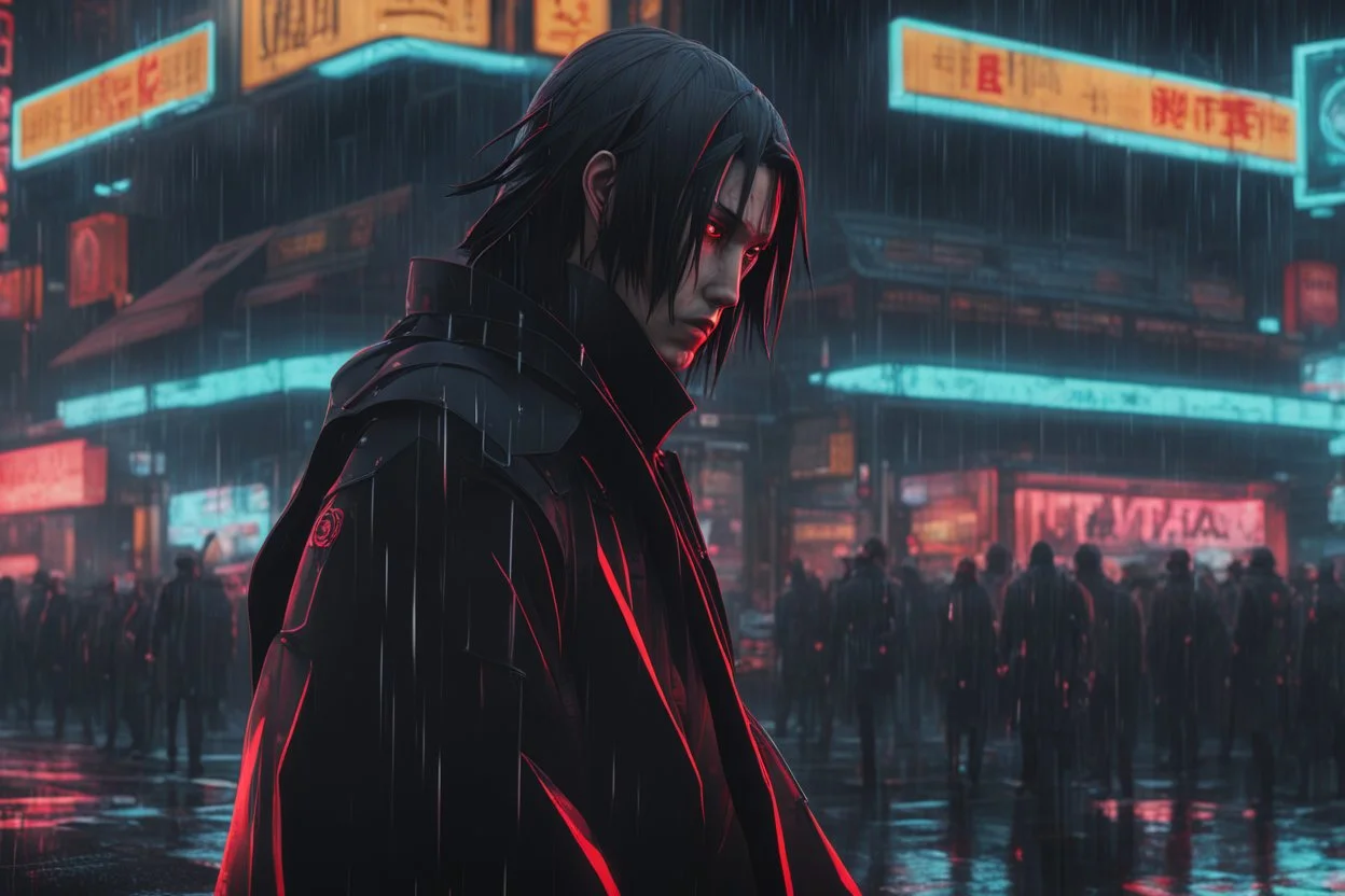 Itachi in 8k cyberpunk cgi artstyle, crow them, neon effect, close picture, rain, apocalypse, intricate details, highly detailed, high details, detailed portrait, masterpiece,ultra detailed, ultra quality