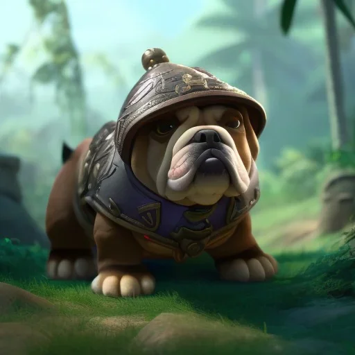 English Bulldog wearing a football helmet, league of legends, in the jungle, full detail, intricate detail, cinematic, 8 k, cel shaded, unreal engine, featured on artstation, pixiv, cartoon style