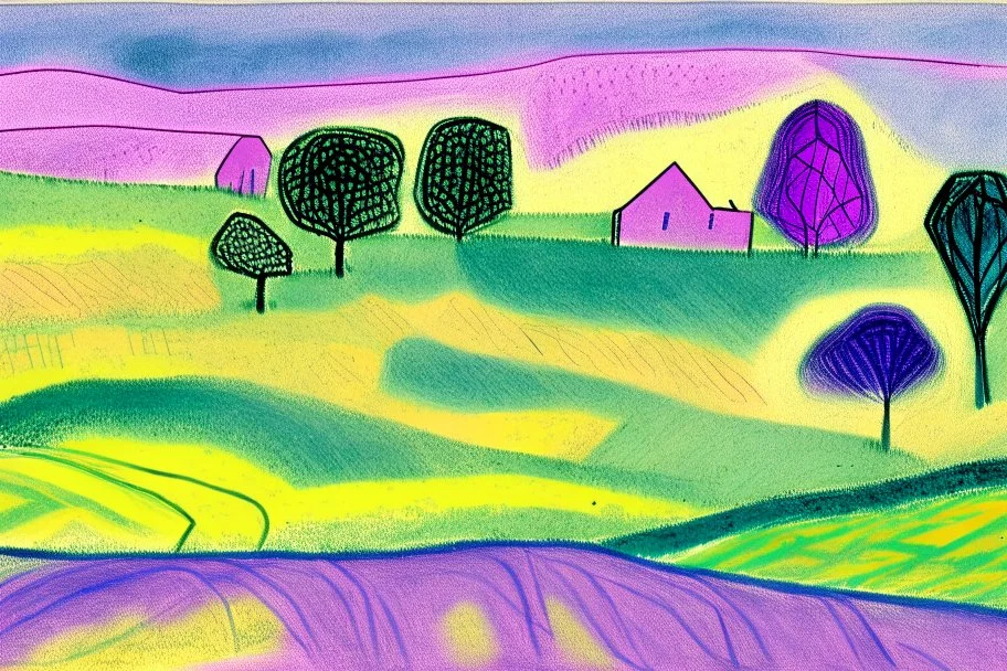 Pastel sketch of English countryside in the style of Paul klee