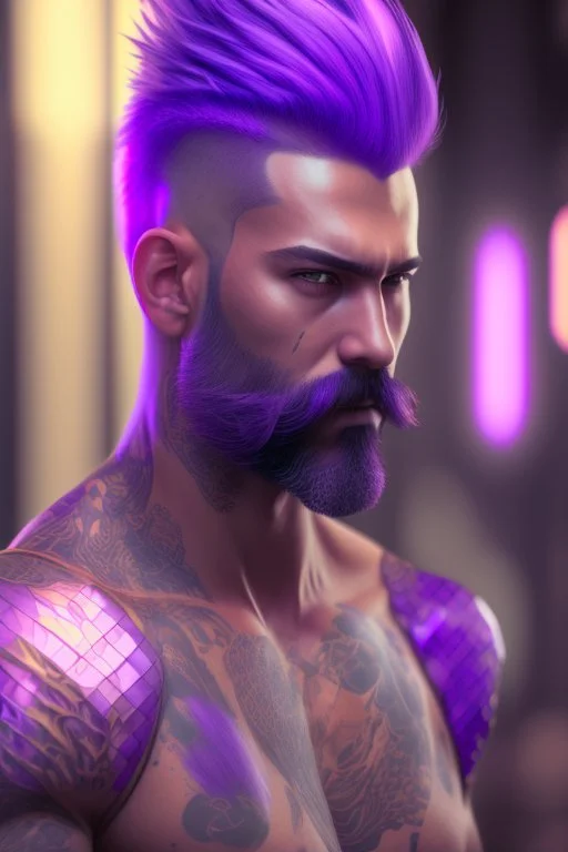 photorealistic, hyperdetailed painting, luminism, Bar lighting, complex, purple mohawk, 4k resolution concept art, Artgerm, WLOP, Alphonse Mucha, 3d render, octane render, intricately detailed, cinematic, awesome full color, hand drawn, dark, gritty, cinematic, purple beard, wyvern