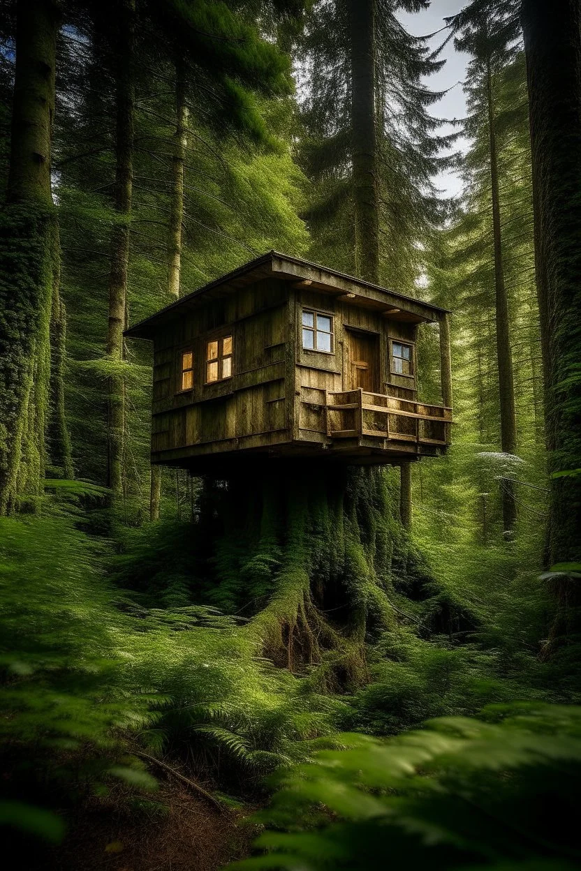 a tiny house in the high end of a big tree, in the middle of a dense forest.