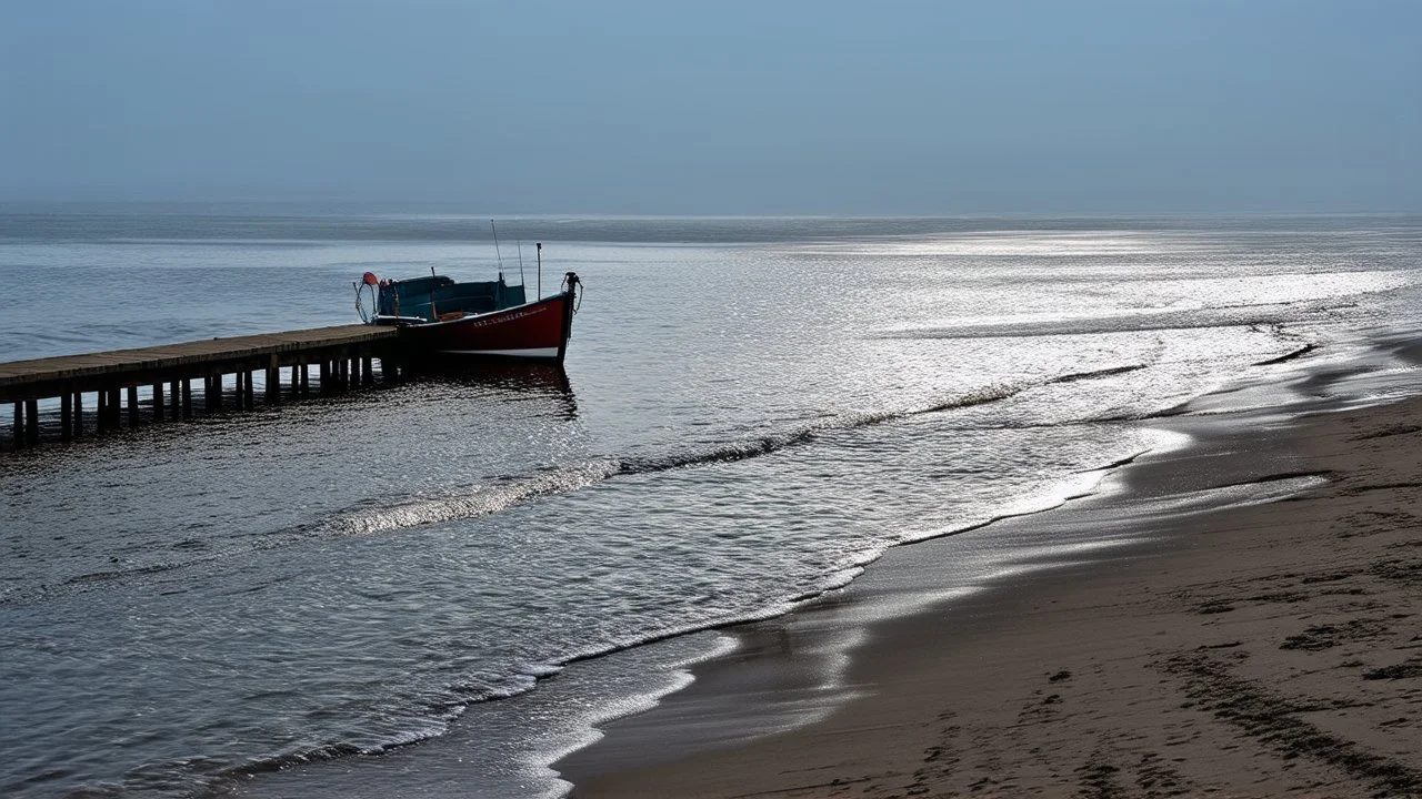 Detail of a pier or muddy beach, with subtle reflections and the boat as the main focal point.